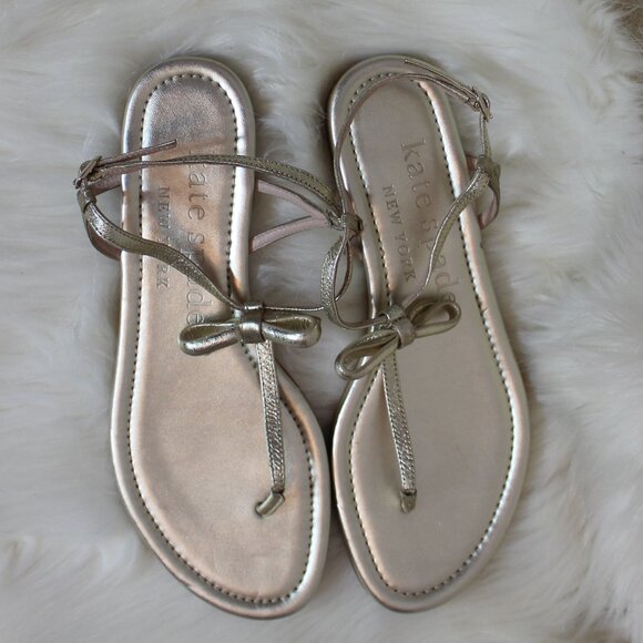Kate Spade New York  Women's Metallic Gold  Flat Sandals With A Gold Bow size 38 - Picture 2 of 6